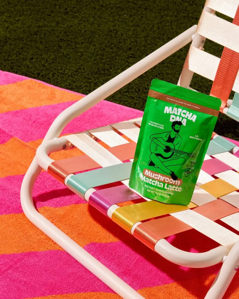 Green Matcha DNA Mushroom Matcha Latte pouch on a colorful woven chair