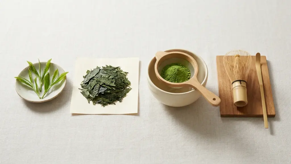Tea shoots, dried tencha, matcha powder, a whisk, scoop, sifter, and ceramic bowl arranged as a visual reference.