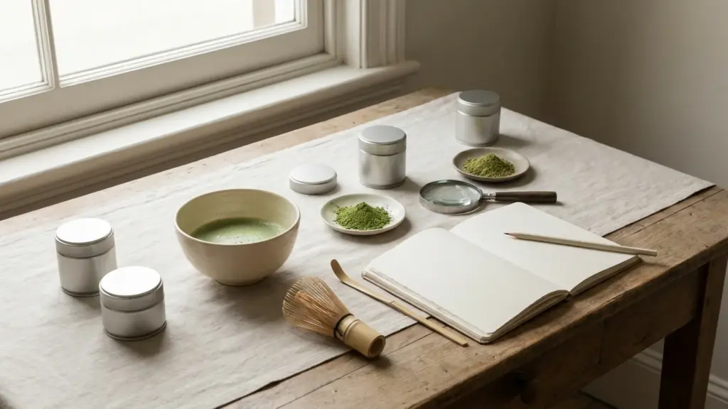 Matcha samples, preparation tools, a magnifying glass, and an open blank notebook on a research desk.