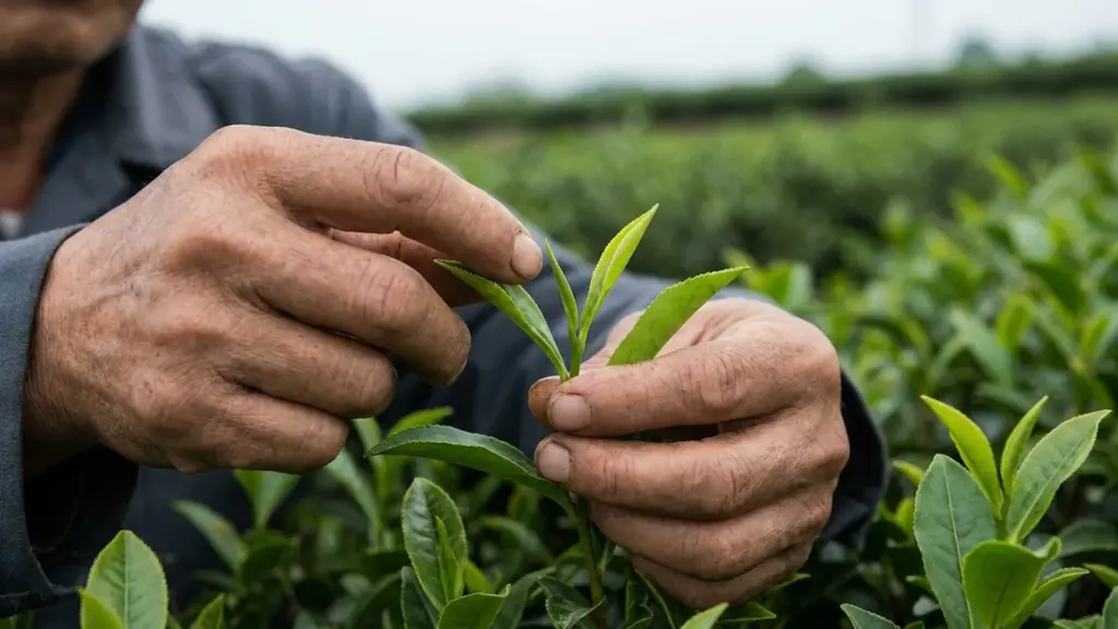 Hands plucking tender tea shoots from a green tea bush during harvest.
