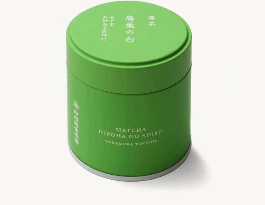 Green Nakamura Tokichi Hiroha no Shiro matcha can with white Japanese and English lettering