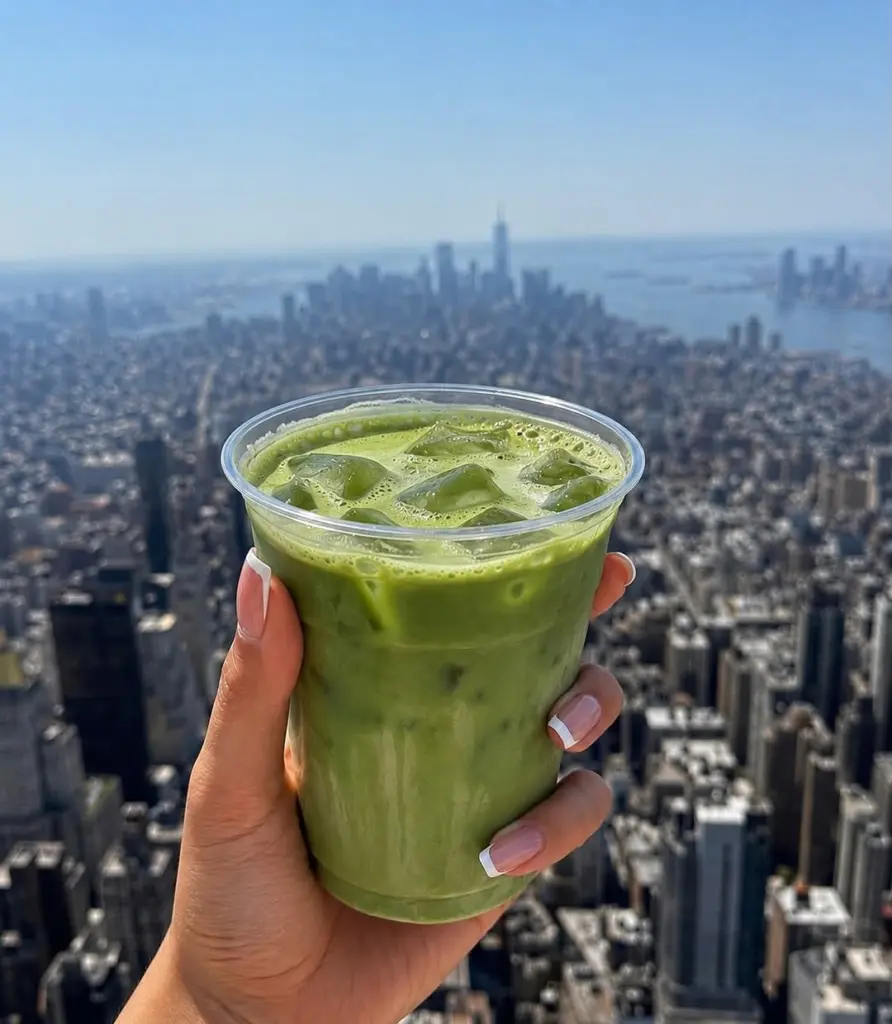Hand holding a clear cup of iced green matcha above a city skyline