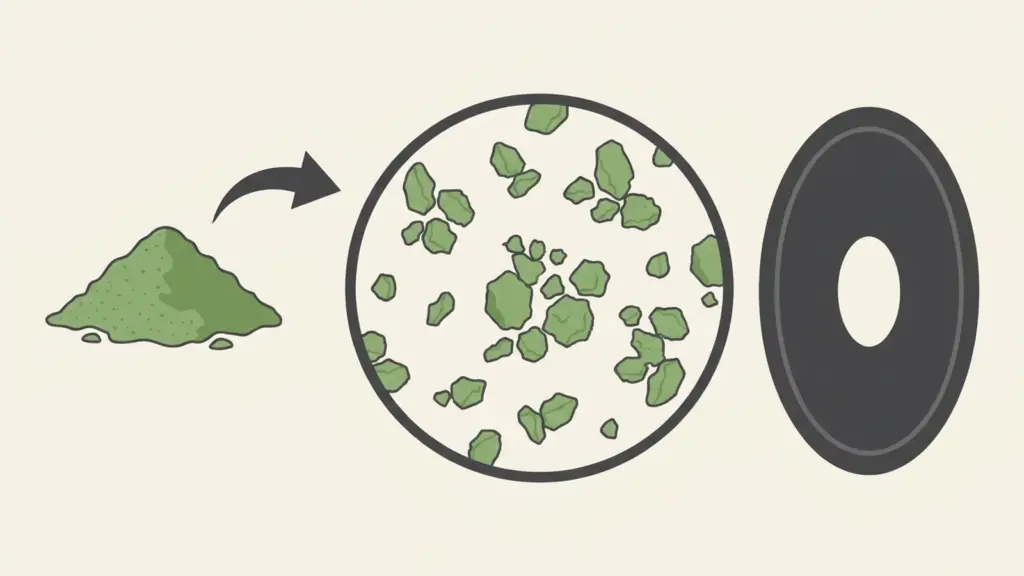 No-text magnified diagram of fine matcha particles beside a hair cross-section