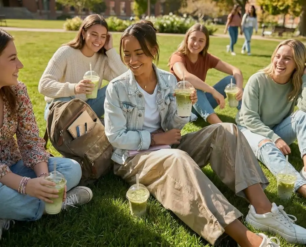 Group of friends sitting on grass with iced green drinks