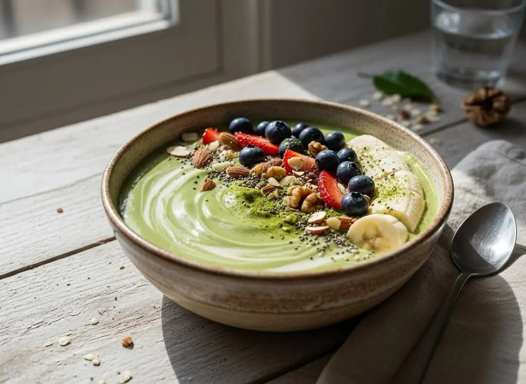 Green smoothie bowl topped with bananas, berries, nuts, seeds, and green powder