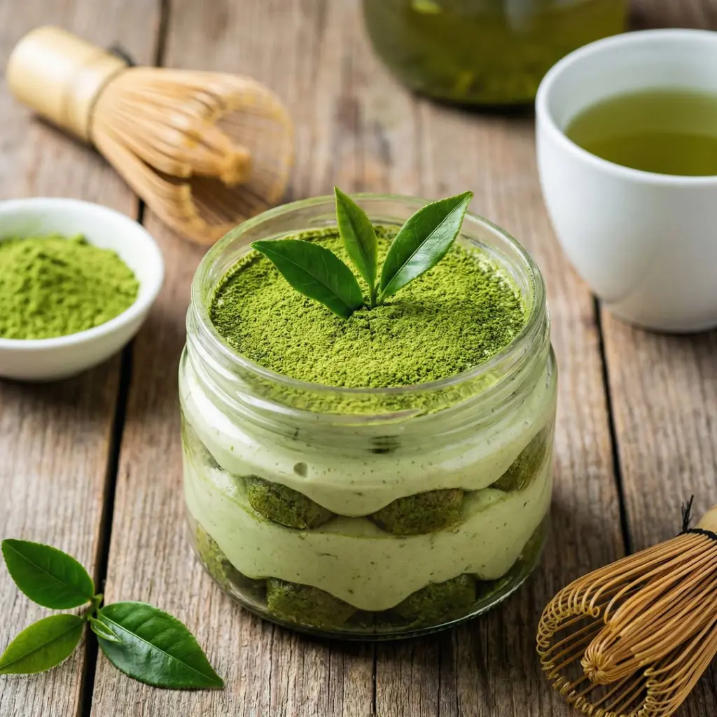 Glass jar of layered green dessert dusted with matcha powder and topped with tea leaves