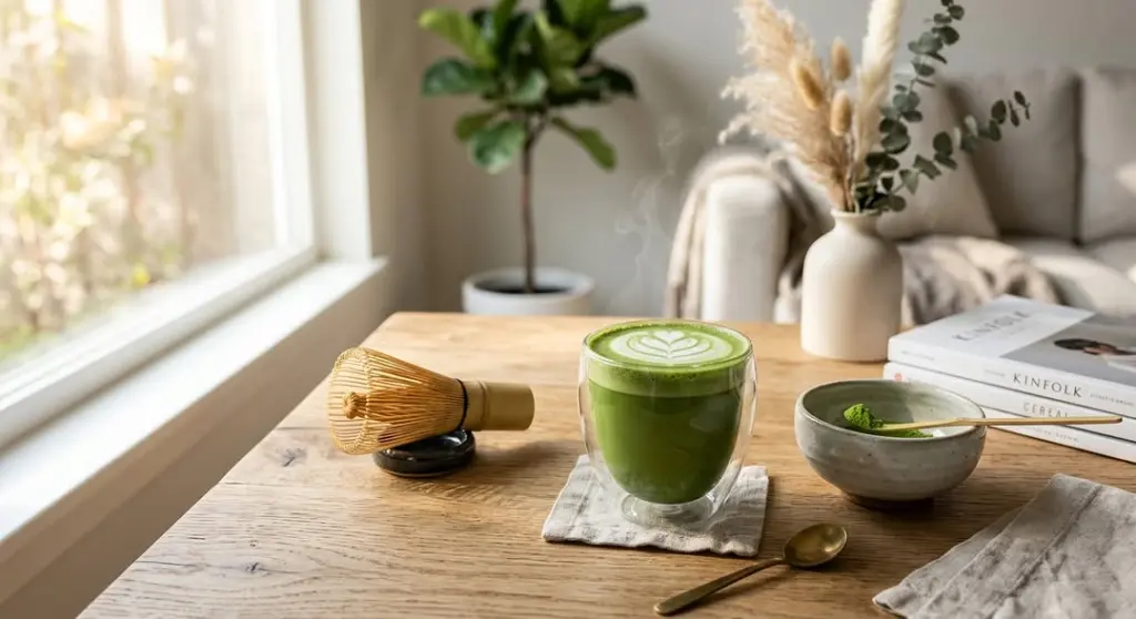 Green matcha latte with leaf-shaped foam art beside a bamboo whisk