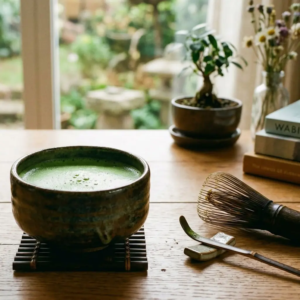 Foamy green tea in a ceramic bowl beside a bamboo whisk and scoop