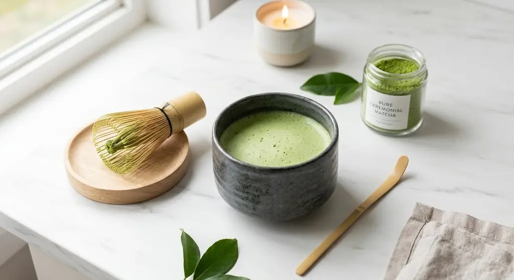 Bowl of whisked matcha beside a bamboo whisk and scoop