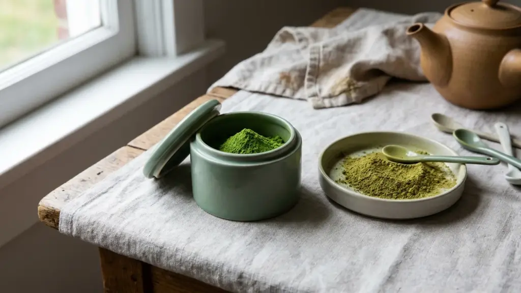 Closed matcha tin beside an air-exposed powder sample with a duller surface