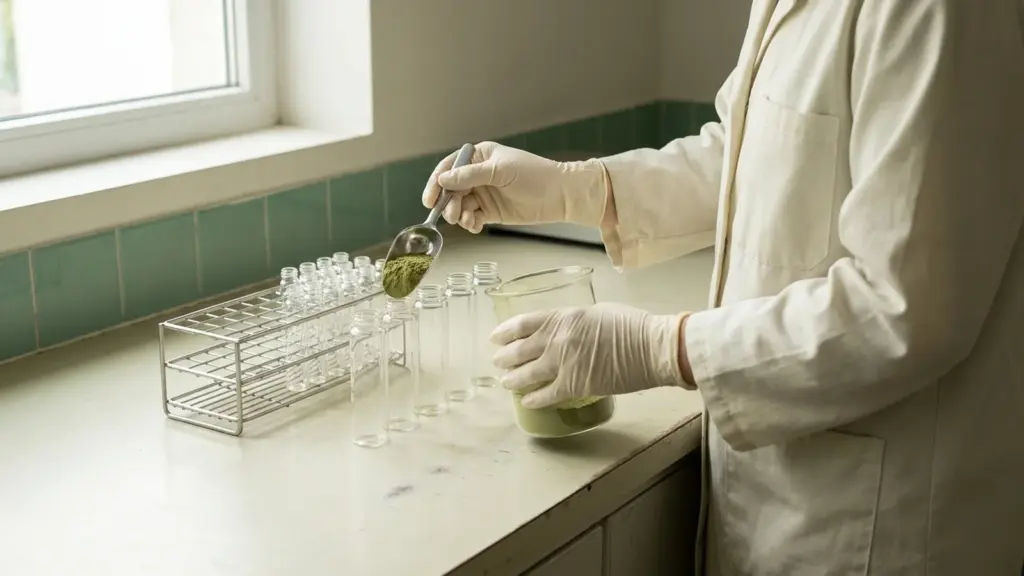 Gloved hands prepare a matcha sample in plain glassware for laboratory residue testing