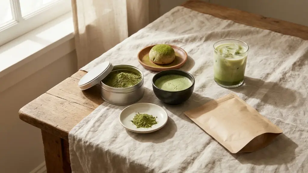 Matcha powder, a prepared matcha bowl, a matcha drink, and a small confection in an unbranded still life.