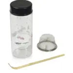 Clear floral tea shaker with black lid, metal mesh sieve, and bamboo chashaku scoop