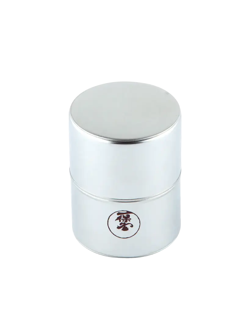 Cylindrical Ippodo Tea matcha sieve with a fitted lid and logo on the front