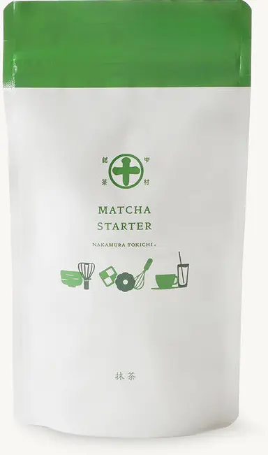 White and green Nakamura Tokichi Matcha Starter resealable pouch with illustrated preparation tools