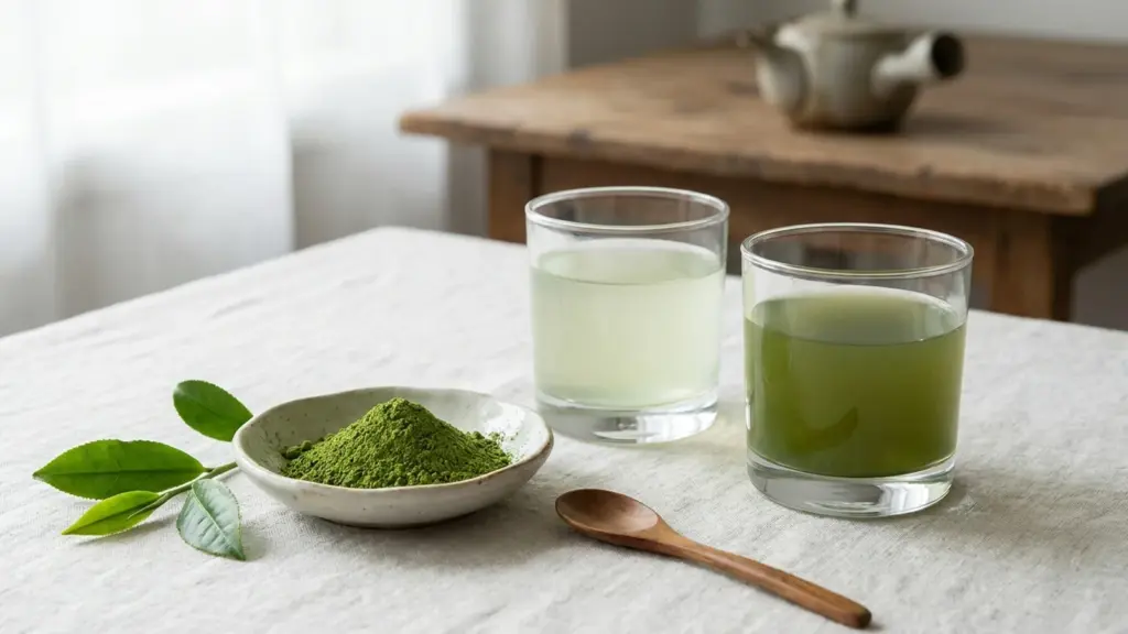 Tea leaves, matcha powder, and two unmarked green tea infusion samples