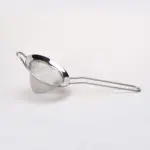 Conical stainless steel mesh matcha sifter with a long wire handle