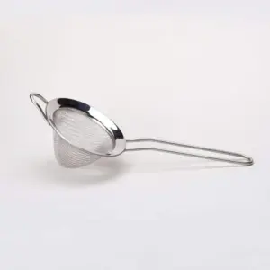 Conical stainless steel mesh matcha sifter with a long wire handle
