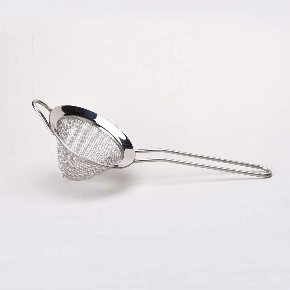 Conical stainless steel mesh matcha sifter with a long wire handle