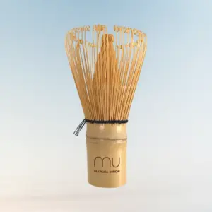 Matcha Union bamboo matcha whisk with fine curled prongs and black binding