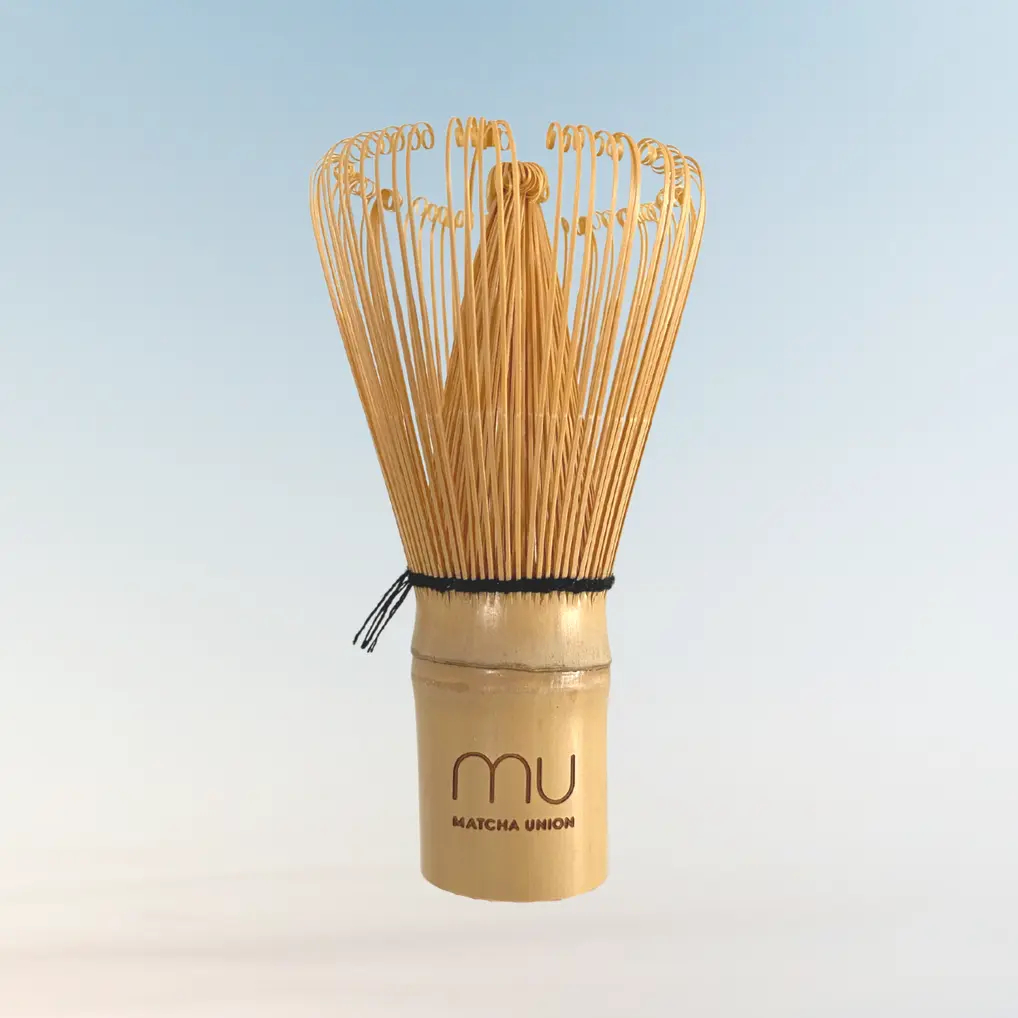 Matcha Union bamboo matcha whisk with fine curled prongs and black binding