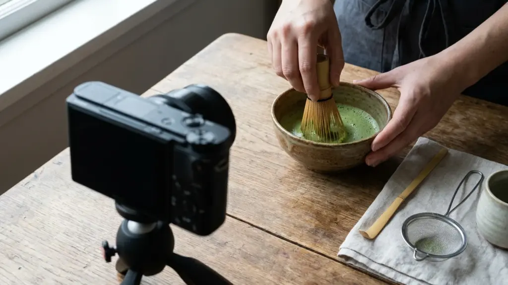 A camera recording hands whisking matcha in a ceramic bowl with bamboo tools.