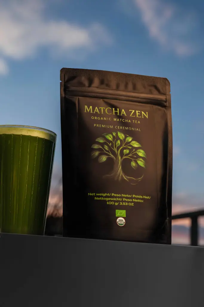 Matcha Zen ceremonial matcha pouch beside a glass of green tea