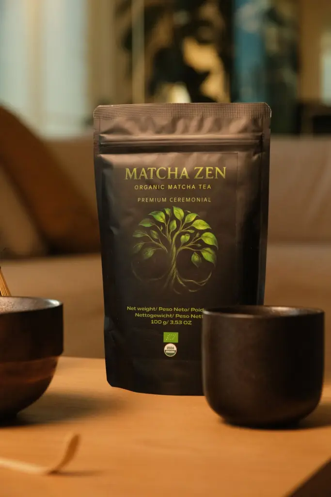 Matcha Zen ceremonial pouch centered between two dark tea vessels