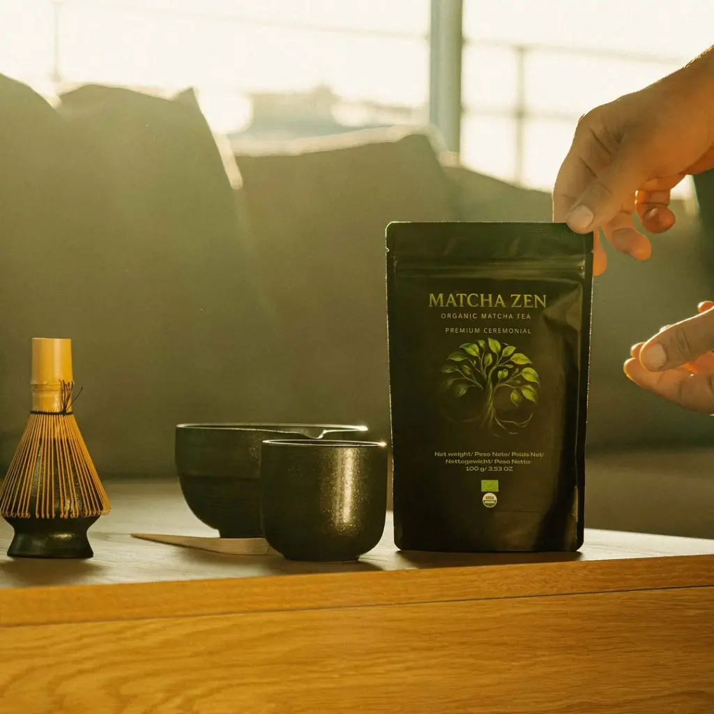 Hand holding a black Matcha Zen pouch beside a bamboo whisk and dark tea bowls