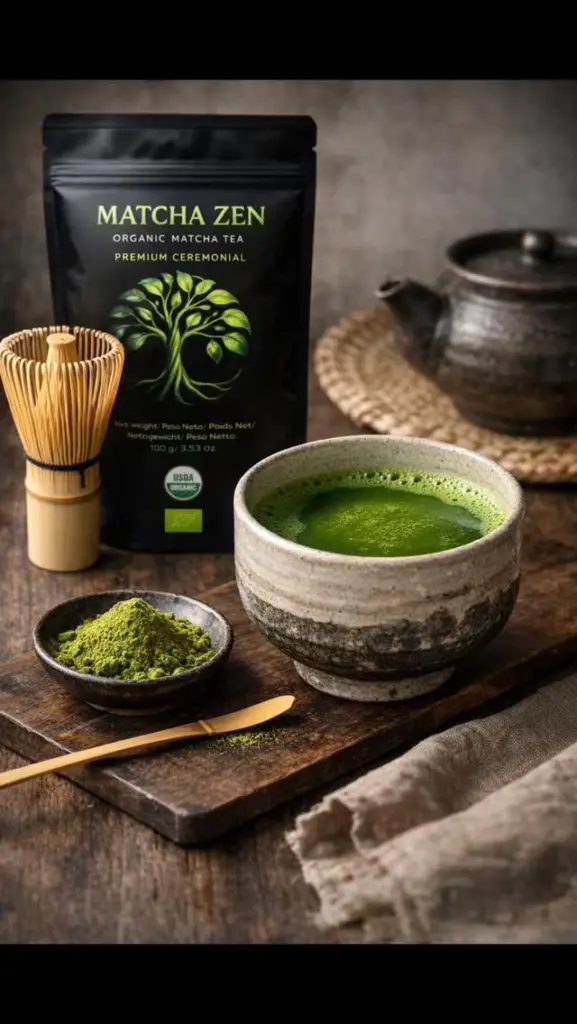 Green matcha tea in a ceramic bowl beside matcha powder, a bamboo whisk, and a black Matcha Zen pouch