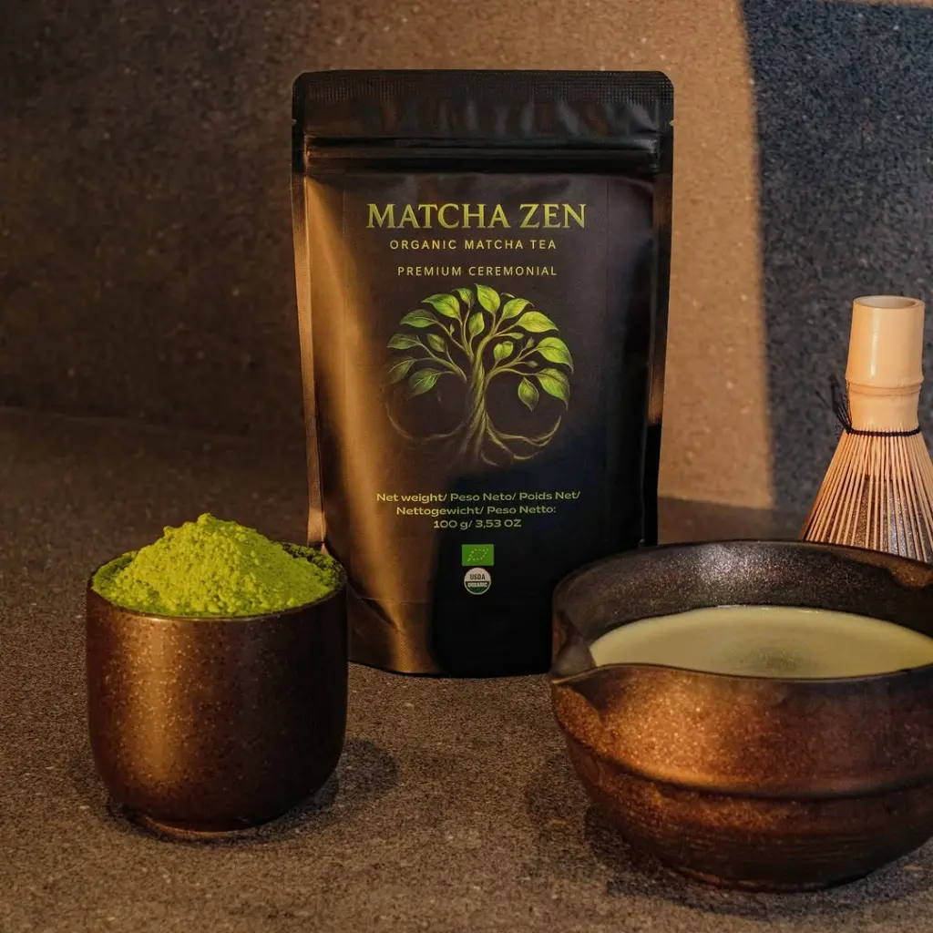 Matcha Zen pouch beside green tea powder, a prepared bowl, and bamboo whisk