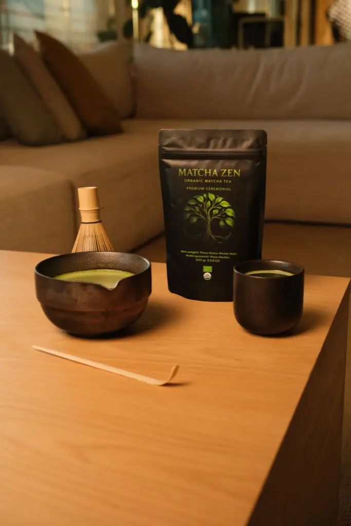 Matcha Zen pouch with two dark cups, a bowl, whisk, and bamboo scoop