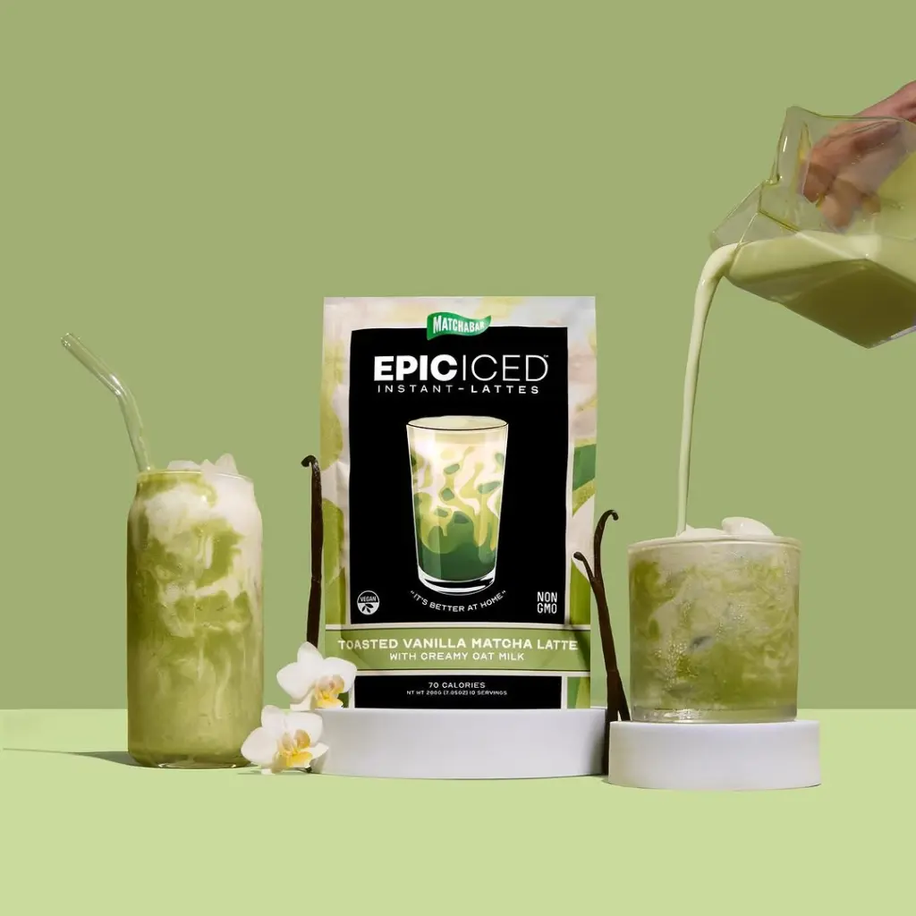 MatchaBar instant latte pouch between two iced green drinks as a pitcher pours into one glass