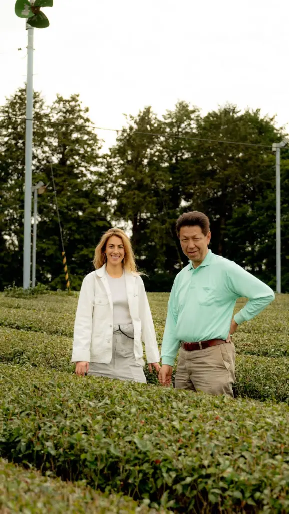 Two adults standing among rows of low green tea shrubs