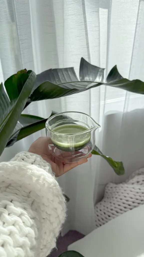 Hand holding a double-walled glass of frothy green tea beside a leafy plant