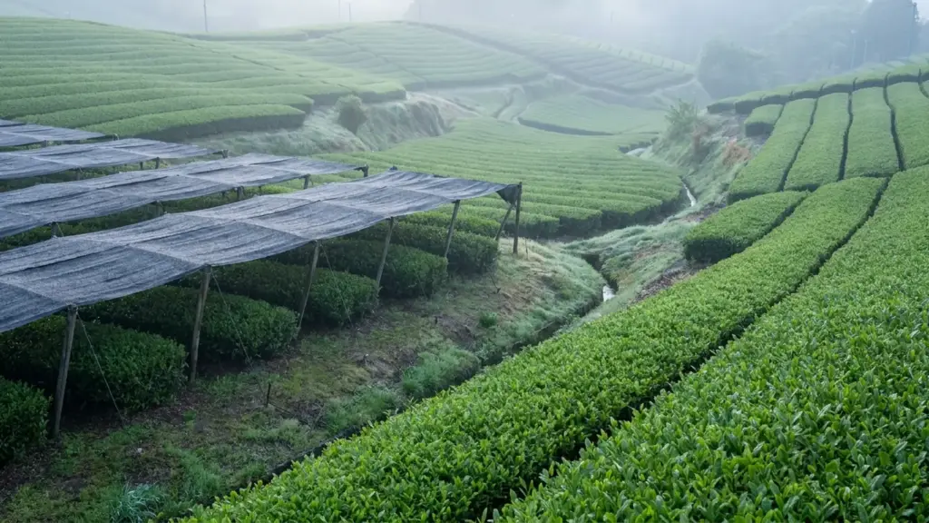 Tea fields at green mountain foothills include rows protected by dark shade coverings.