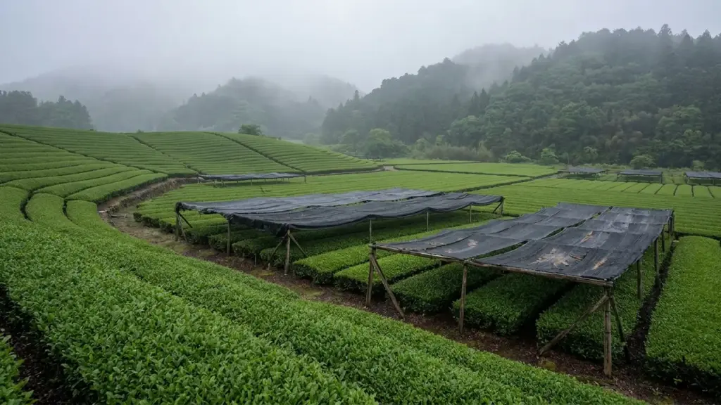 Misty tea rows extend across gentle slopes and flatter fields below wooded hills, with shade cloth covering selected plots.