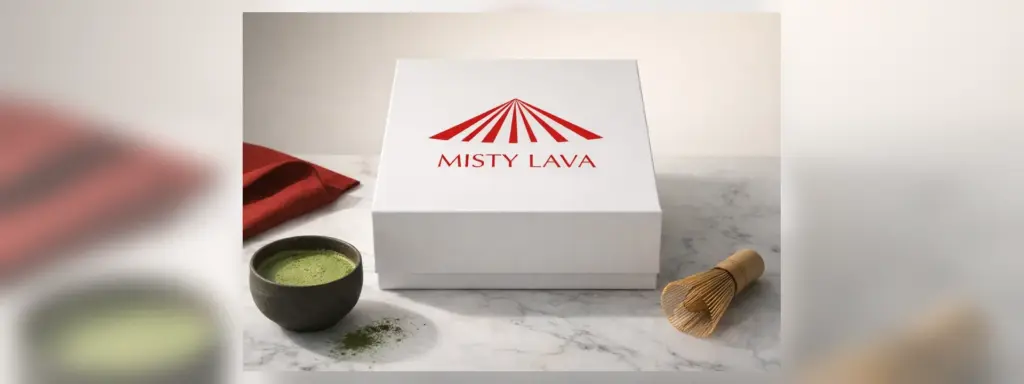 Misty Lava matcha collection with a bowl of green tea powder and bamboo whisk
