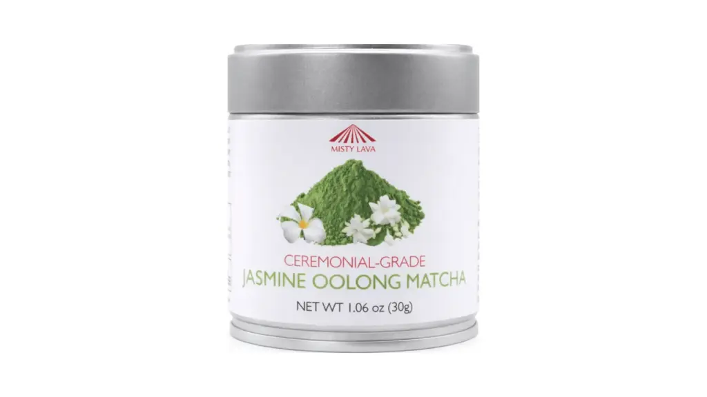Misty Lava Jasmine Ceremonial Oolong Matcha 30 g silver tin on a white background