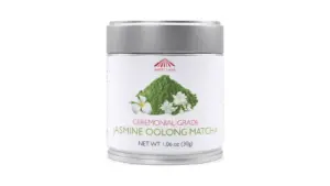 Misty Lava Jasmine Ceremonial Oolong Matcha 30 g silver tin on a white background