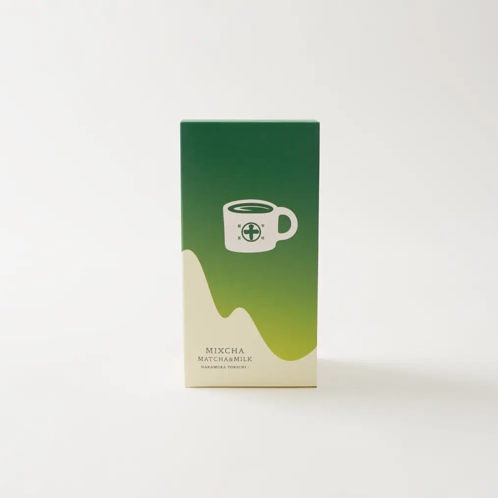Green and cream MIXCHA Matcha & Milk box with a white cup graphic