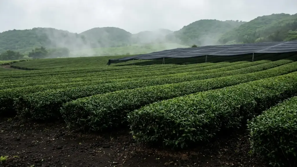 Tea rows grow on dark soil beneath soft mist, with black shade netting covering part of the field.