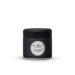 Black Moba Matcha tin with lid and white circular logo label