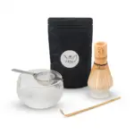 Moba Matcha pouch with glass bowl, metal sifter, bamboo whisk, whisk holder, and scoop