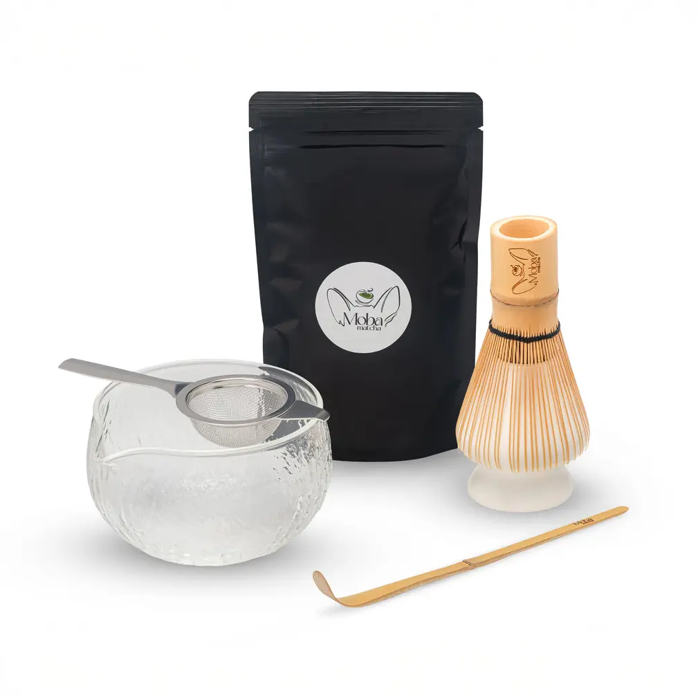 Moba Matcha pouch with glass bowl, metal sifter, bamboo whisk, whisk holder, and scoop