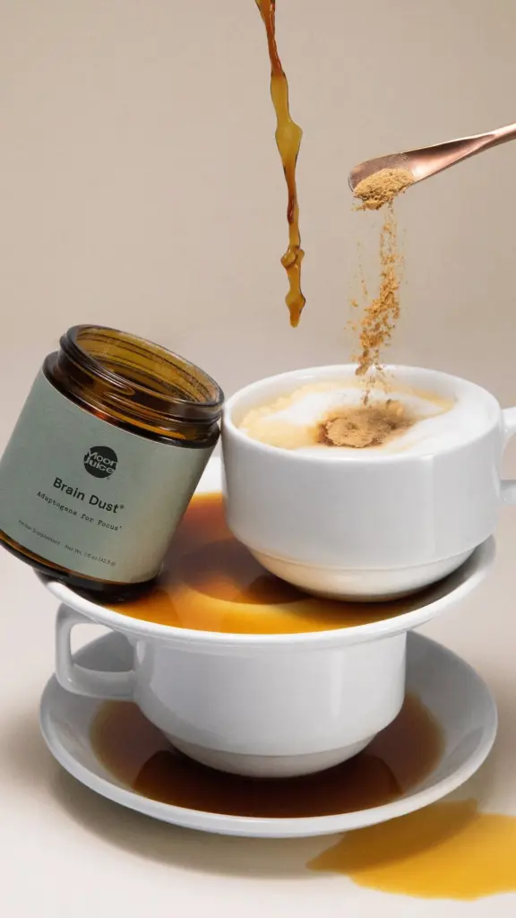 Brain Dust jar beside a foamy drink as powder falls from a spoon
