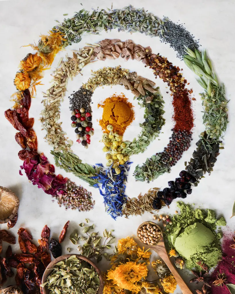 Dried flowers, leaves, seeds, roots, and powders arranged in colorful spirals