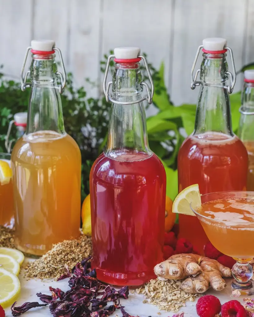 Red and golden drinks in swing-top bottles with fruit and dried botanicals