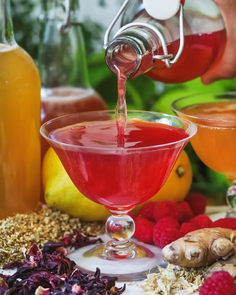Red drink pouring from a swing-top bottle into a stemmed glass