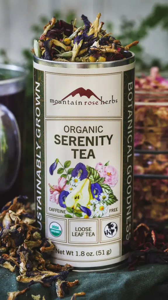 Open Mountain Rose Herbs Serenity Tea tin filled with colorful dried botanicals